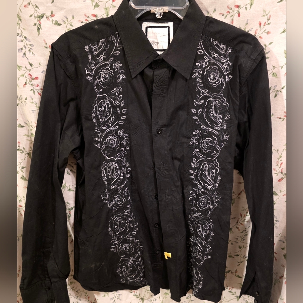 BKE Men's Black Embroidered Shirt L